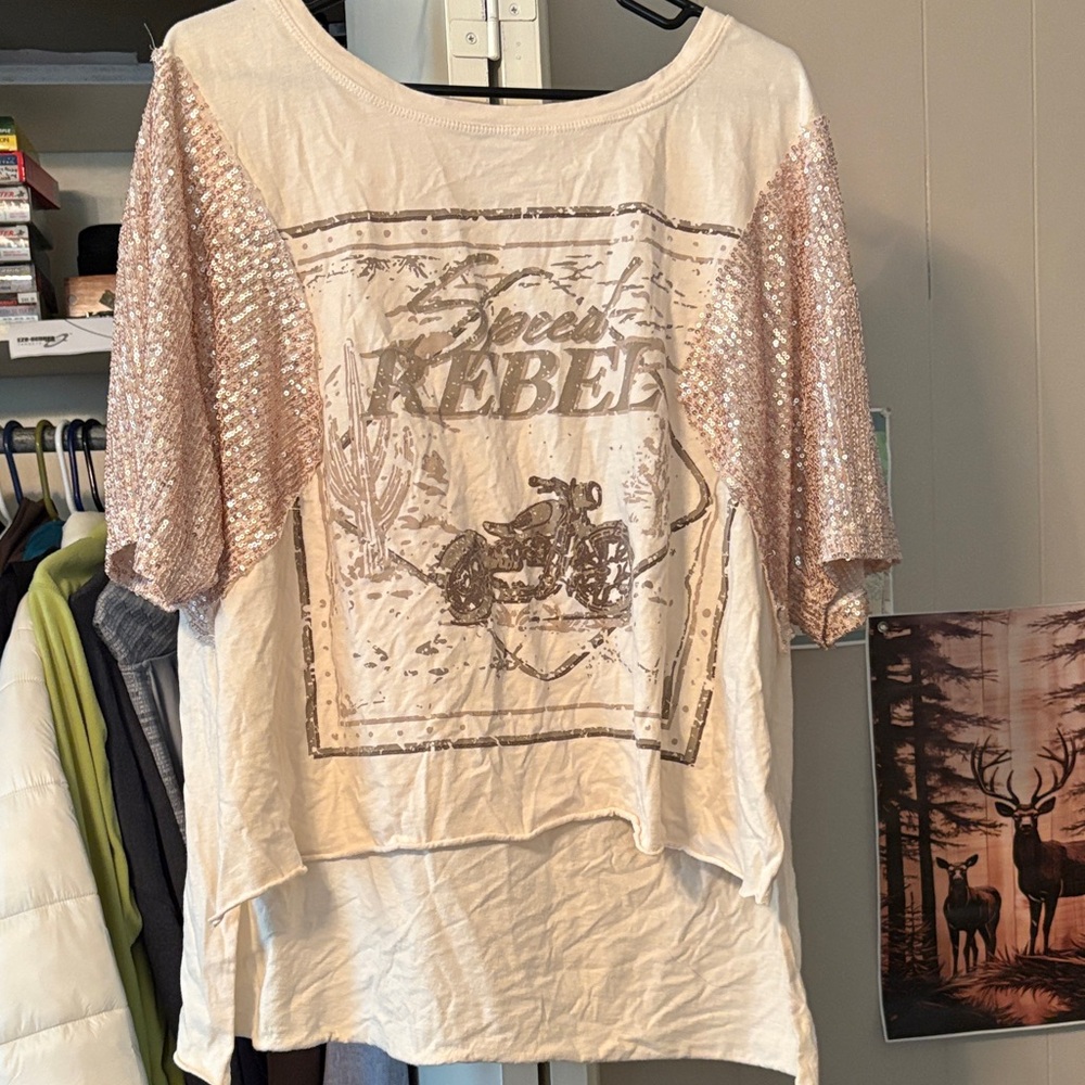Jantzen Graphic Tee with Sequin Sleeves - White and Pink